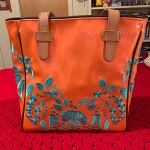 Consuela Tote Bag Orange with teal flowers